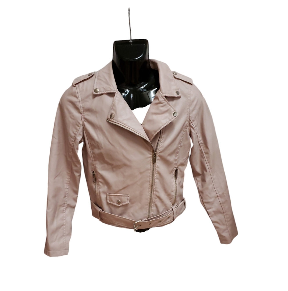 Love Star Moto Jacket Womens Size M Blush Pink Zip Pockets Belted Snap